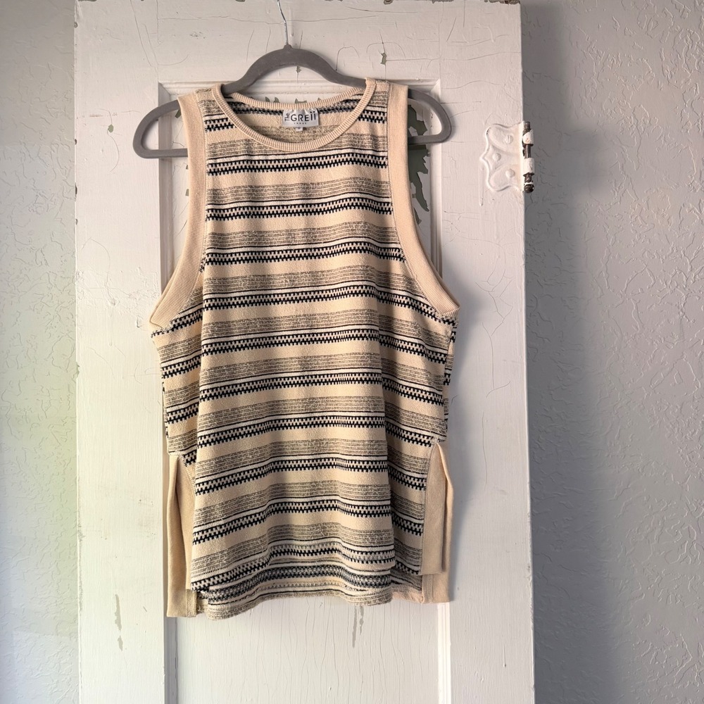 The Greii Women Large Cream Black Textured Striped Knit Sleeveless Top M1795